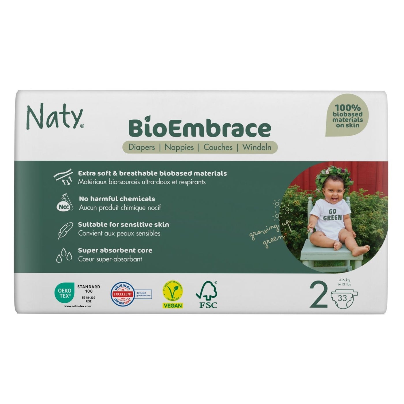 Naty BioEmbrace Baby Diapers Size 2 (3-6 kg),100% Biobased on Skin, Plant-Based Softness, Dermatologically Tested and Super Absorbent, Pack of 33